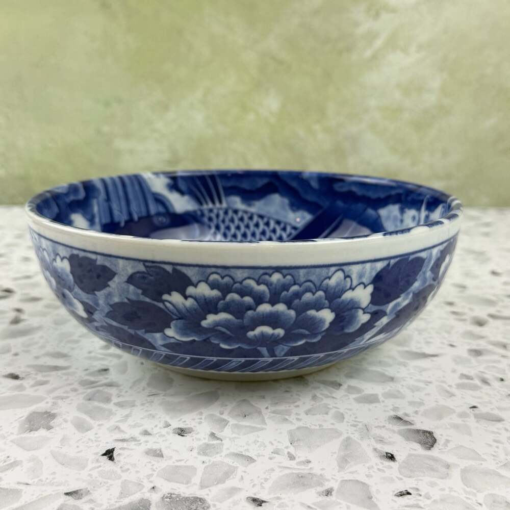 Koi bowl blue white made in Japan 8 inch